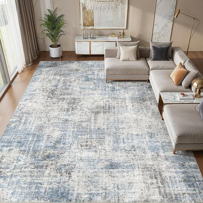 Washable 9x12 Area Rug for Living Room - Modern Abstract Carpet with Non-Slip Backing, Low Pile & Soft, Stain Resistant, Kid & Pet Friendly Decor for Bedroom & Dining Room - Blue Grey