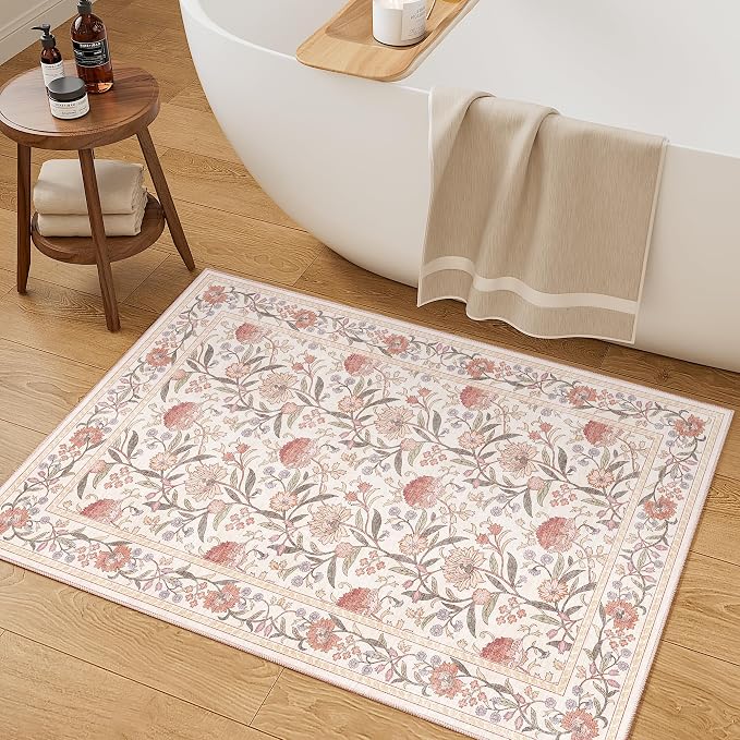 DUKINO 2x3 Rug, Washable Vintage Floral Bathroom Rugs Non Slip, Beige Pink | Low Pile, Stain Resistant Boho Soft Indoor Door Mat, Small Front Door Carpet for Entryway Kitchen Laundry Bedroom Farmhouse