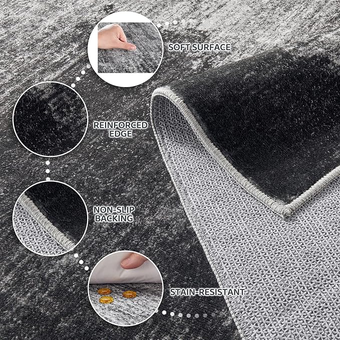 DMOYEST 6x9 Area Rug - Washable & Non Slip Indoor Rug for Living Room, Kid & Pet Friendly Abstract Low Pile Soft Carpet for Bedroom and Dining Room - Dark Grey Blue