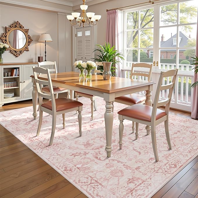 Pink Area Rugs 5x7 Rugs for Living Room, Machine Washable Rugs for Bedroom, Distressed Vintage Living Room Rug, Rug Non Slip Carpet Area Rug for Dining Room Office