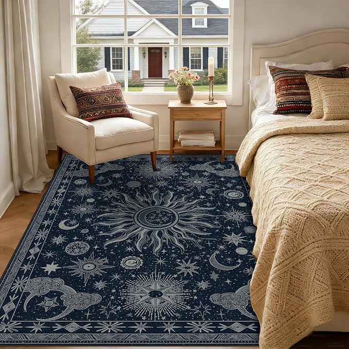 Vacuum-Friendly, 6x9 Washable Area Rug, Blue Gray White | Sun and Moon Boho Gothic Non-Slip Low Pile Living Roon Bedroom Dining Room Kitchen Entry Entryway Entrance Hallway Doormat