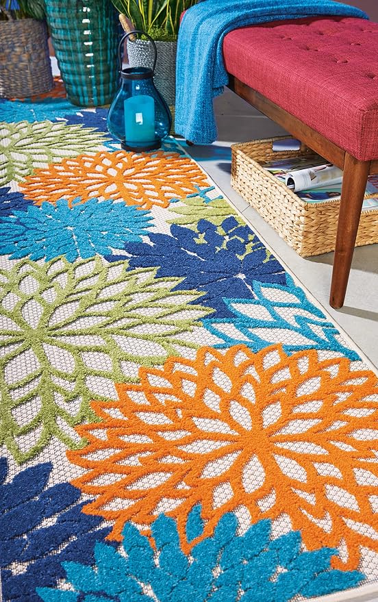Nourison Home Aloha Indoor/Outdoor Multicolor 2'3" x 12' Area Rug, Tropical, Botanical, Easy Cleaning, Non Shedding, Bed Room, Living Room, Dining Room, Deck, Backyard, Patio (2x12)