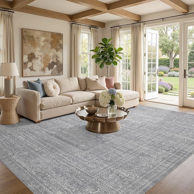 Nakagishi 10x14 Area Rugs Living Room: Washable Large Vintage Rug Neutral Non-Slip Soft Stain Resistant Indoor Carpet for Bedroom Nursery Dining Room Office Playroom - Grey