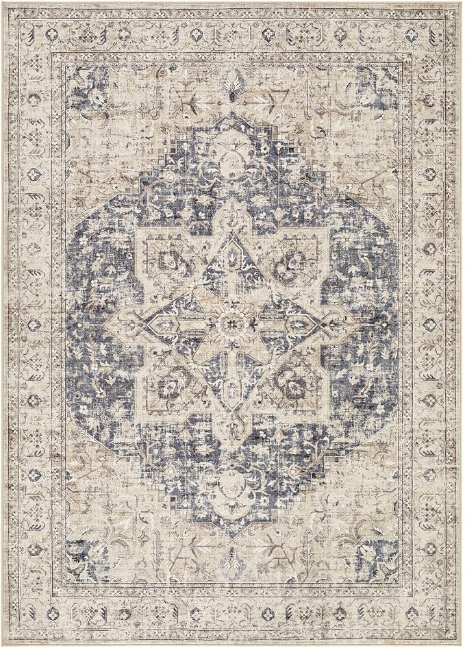 Tortania Area Rug Living Room Rugs - 10x12 Washable Boho Rug Vintage Oriental Distressed Farmhouse Large Thin Indoor Carpet for Living Room Bedroom Under Dining Table Home Office - Cream Blue