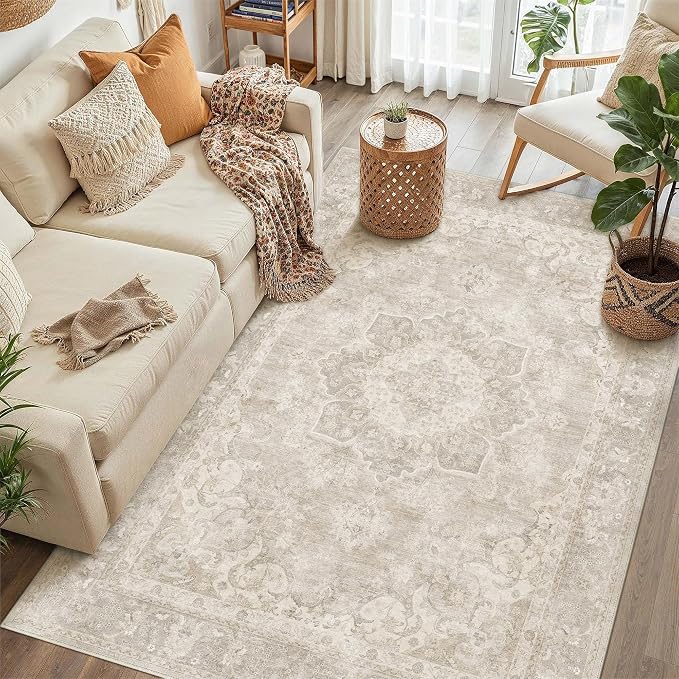 PureCozy 3x5 Washable Small Area Rug Beige Vintage Oriental Medallion | Non Slip, Soft Low Pile, Indoor Carpet for Entryway, Kitchen, Bathroom, Retro Decor