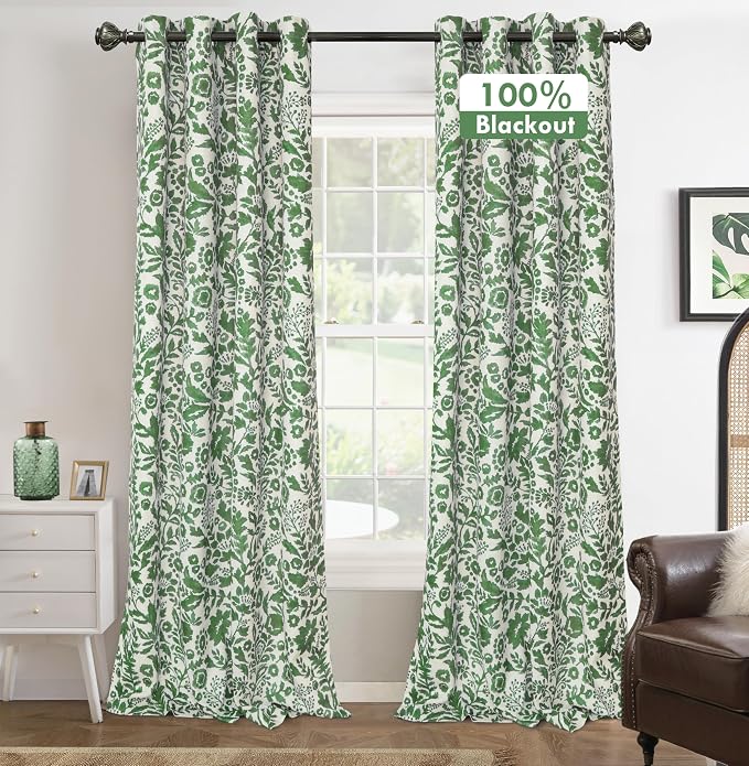 DriftAway Julia 100% Blackout Curtains Grommet 2 Panels, W52xL90, Green | Floral Curtains, Bedroom, Living Room, Linen Blend, Watercolor Pattern, 2 Layers, Thermal Insulated, Window Treatment