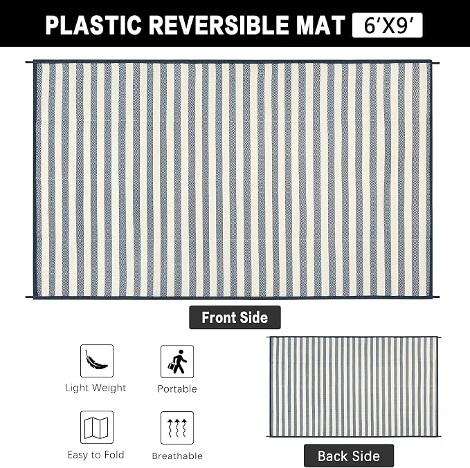HUGEAR 6'x9' Outdoor Rug Waterproof Plastic Straw Rugs Blue Stripe Reversible Mat Floor Carpet for Camping RV Deck Entryance Porch Picnic Balcony Beach Backyard
