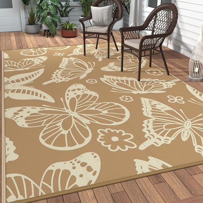 GENIMO Outdoor Rug, Waterproof Plastic Rugs for Patio, 6'x9' Brown Linen | Outside Larger Leaf Carpet Mat for Porch Decor, Deck, Balcony, Camping, RV, Backyard, Picnic, Beach, Reversible, Foldable