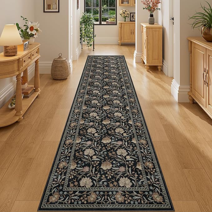 DUKINO 2x8 Runner Rug, Washable Vintage Floral Kitchen Rugs, Black | Non Slip, Low Pile, Stain Resistant Aesthetic Soft Carpet Runner for Hallway Bathroom Entryway Bedroom Farmhouse Laundry Room