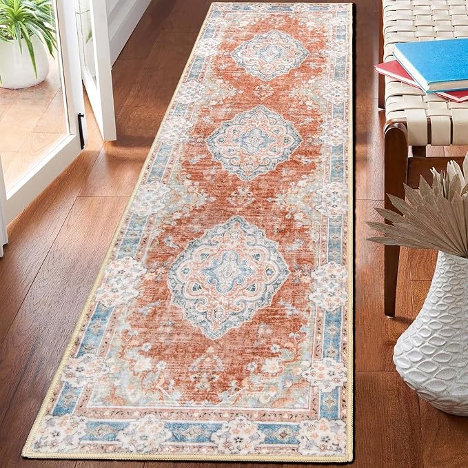 MUJOO Washable Runner Rug 2x8 Area Rugs Non Slip Low-Pile Flowers | Long Throw Carpet for Hallways Entryway Kitchen Bathroom Bedside Bedroom Laundry Boho Soft Indoor Floral Orange Navy Blue