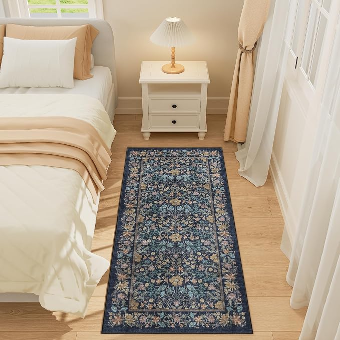 DUKINO 2x4 Rug, Washable Vintage Floral Bathroom Runner Rug, Dark Blue | Non Slip, Low Pile, Stain Resistant, Aesthetic Lightweight Soft Indoor Carpet for Kitchen Entryway Hallway Bathroom Bedroom