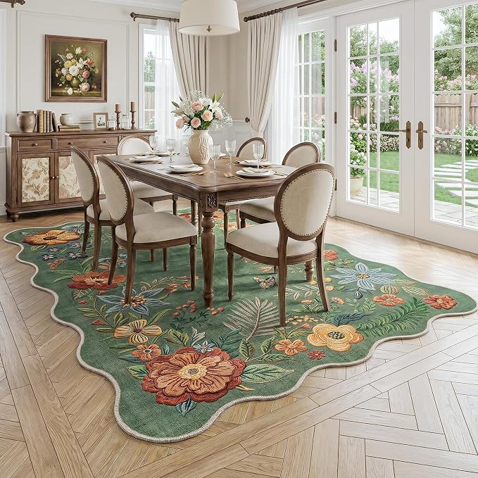 FMFUNCTEX 5x7 Washable Sage Green Floral Scalloped Area Rug for Living Room | Vintage Flower Colorful Traditional Boho Distressed Soft Non Slip Low Pile Large Cottage Indoor Carpet Dining Bedroom Nursery