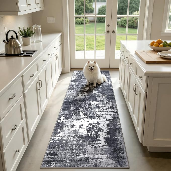 Sasttie 2x6 Soft Runner Rug for Entryway, Modern Abstract Washable Carpet for Hallway, Kitchen and Laundry Room, with Non-Slip Backing, Black and White