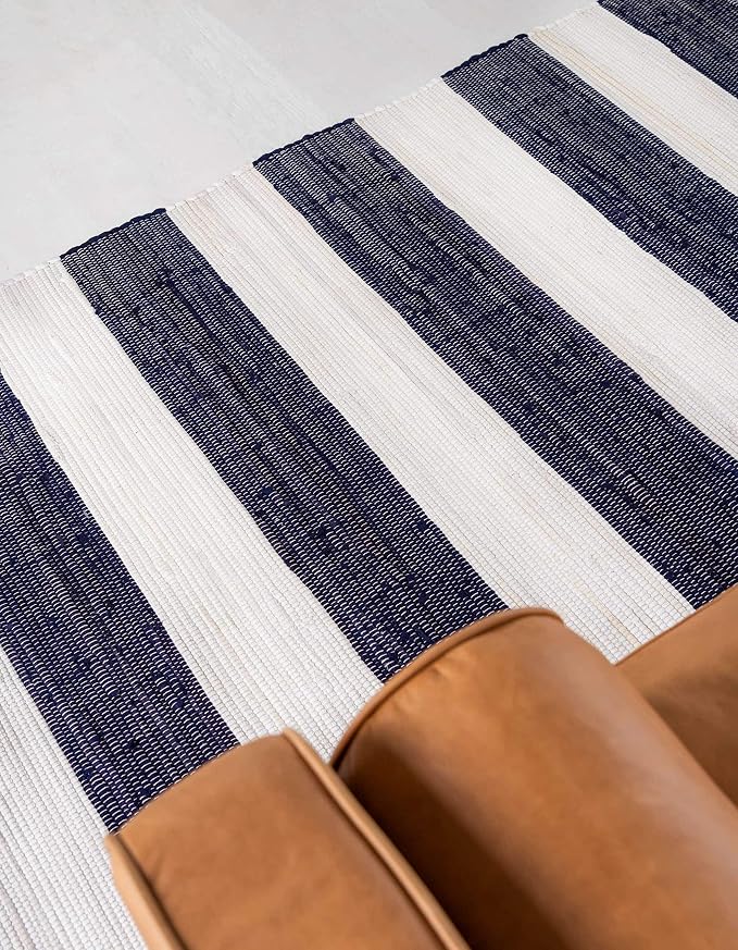 Unique Loom Chindi Rag Collection Area Rug - Striped (5' 1" x 8' Rectangle, Navy Blue/ Ivory)