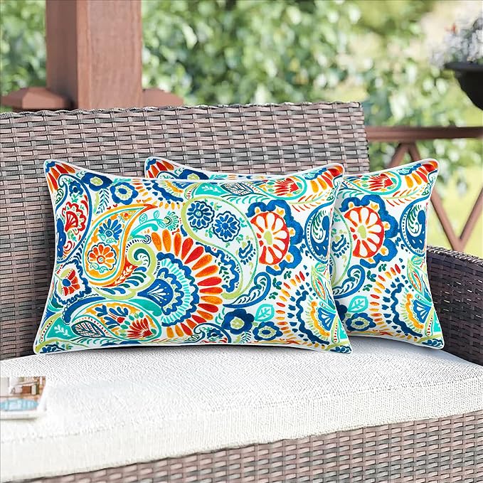 Magpie Fabrics Set of 2 Lumbar Throw Pillow with Insert 12x20 Inch, Outdoor Rectangular Waterproof Home Decorative Toss Cushion for Patio Garden Car Office - Paisley Multi