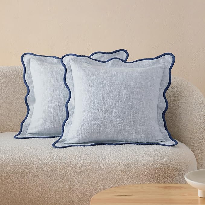 Double Stitch Scalloped Throw Pillow Covers - 100% Cotton Set of 2 Decorative Boho Pillow Covers 20 x 20, Made in India, Square Cushion Case, Modern Home Decor for Couch Sofa Living Room, Arctic Blue