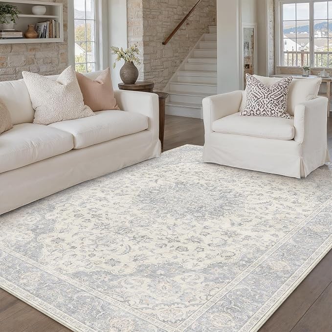PureCozy 3x5 Washable Small Area Rug Neutral Gray Vintage Floral | Non Slip, Soft Low Pile, Indoor Carpet for Entryway, Kitchen, Bathroom, Farmhouse Decor