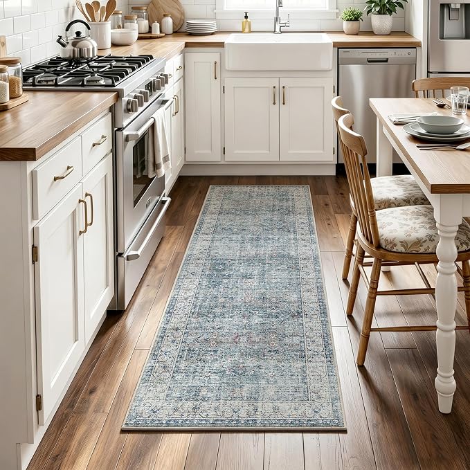 Beauoop 2x6 Hallway Runner Rug Washable Blue Neutral Vintage Distressed | Retro Non Slip Low Pile Oriental Soft Thin Indoor Carpet Rug Entryway Entrance Kitchen Laundry Bedroom Bathroom Bedside