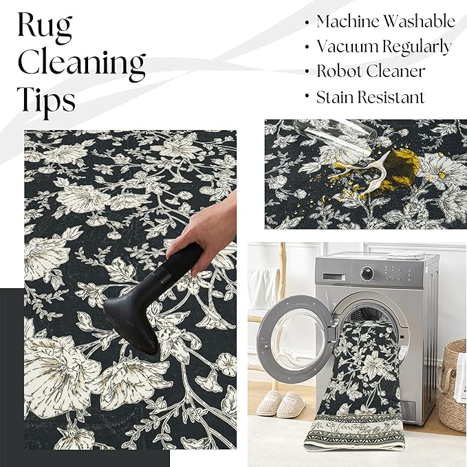 Black Floral Area Rugs 6x9 Living Room, Black with Cream Beige Taupe Flower Design Low-Pile Washable Rugs for Bedroom Dining Room, Vintage Modern Farmhouse Boho Indoor Floor Carpet Kids Playroom