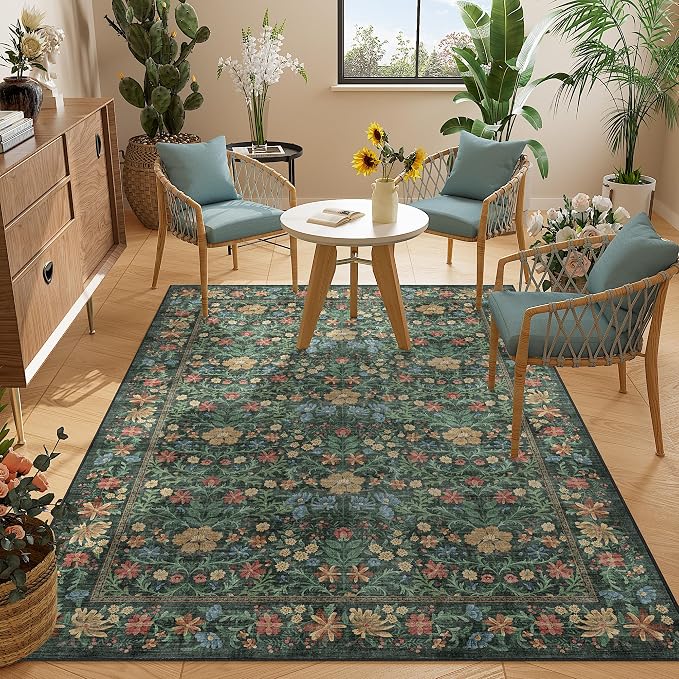 DUKINO 4x6 Rug for Living Room, Washable Vintage Floral Area Rug, Green | Non Slip, Low Pile, Non-Shedding, Aesthetic Lightweight Soft Indoor Carpet for Bedroom Kitchen Bathroom Entryway Farmhouse