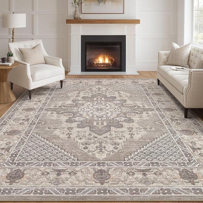 Tortania Area Rug Living Room Rugs - 10x14 Washable Boho Rug Vintage Oriental Distressed Farmhouse Large Thin Indoor Carpet for Living Room Bedroom Under Dining Table Home Office - Taupe Brown