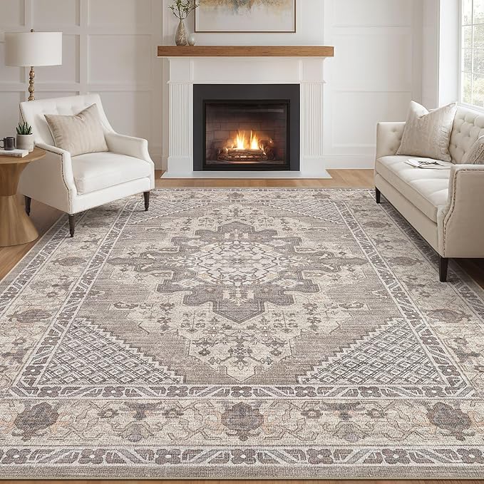 Tortania Area Rug Living Room Rugs - 9x12 Washable Boho Rug Vintage Oriental Distressed Farmhouse Large Thin Indoor Carpet for Living Room Bedroom Under Dining Table Home Office - Taupe Brown