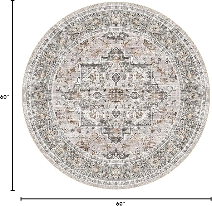 5ft Round Area Rug: Washable Vintage Neutral Soft Non Slip Thin Large Floor Carpet for Living Room Bedroom Kitchen Dining Room Home Office Farmhouse Indoor - Taupe