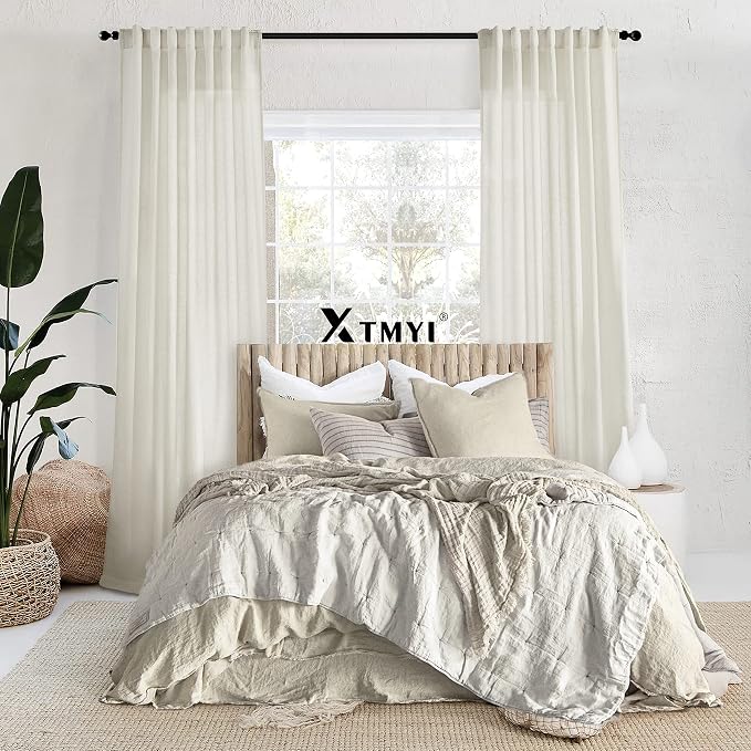 XTMYI Bathroom Window Curtains Short,Linen Cotton Sheer Boho Farmhouse Kitchen Curtains 45 Inch Length,Cream Ivory