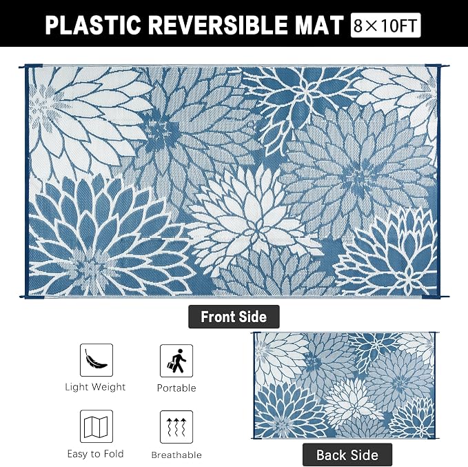 HUGEAR 8'x10' Outdoor Rug Waterproof Plastic Straw Rugs Large Blue Reversible Floral Mat Floor Carpet for Camping RV Deck Entryance Porch Picnic Balcony Beach Backyard