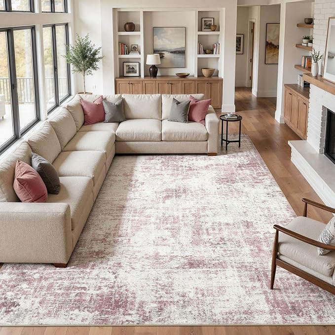 Washable 8x10 Area Rug for Living Room - Modern Abstract Carpet with Non-Slip Backing, Low Pile & Soft, Stain Resistant, Kid & Pet Friendly Decor for Bedroom & Dining Room - Pink