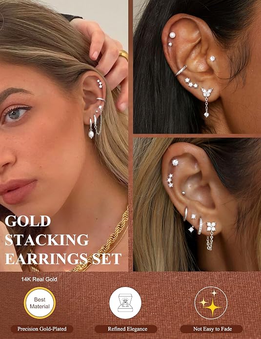 LOLIAS Hypoallergenic Flat Back Earrings Set for Women-Surgical Stainless Steel Earrings for Sensitive Ears-14K Gold Plated Chain Cartilage Earring Stacks Flatback Stud Hoop Earring Sets for Multiple Piercing Jewelry