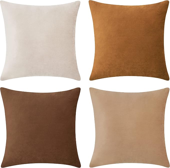MONDAY MOOSE Decorative Throw Pillow Covers Cushion Cases, Set of 4 Soft Velvet Modern Designs, Mix and Match for Home Decor, Pillow Inserts Not Included (16x16 inch, Brown/Beige)