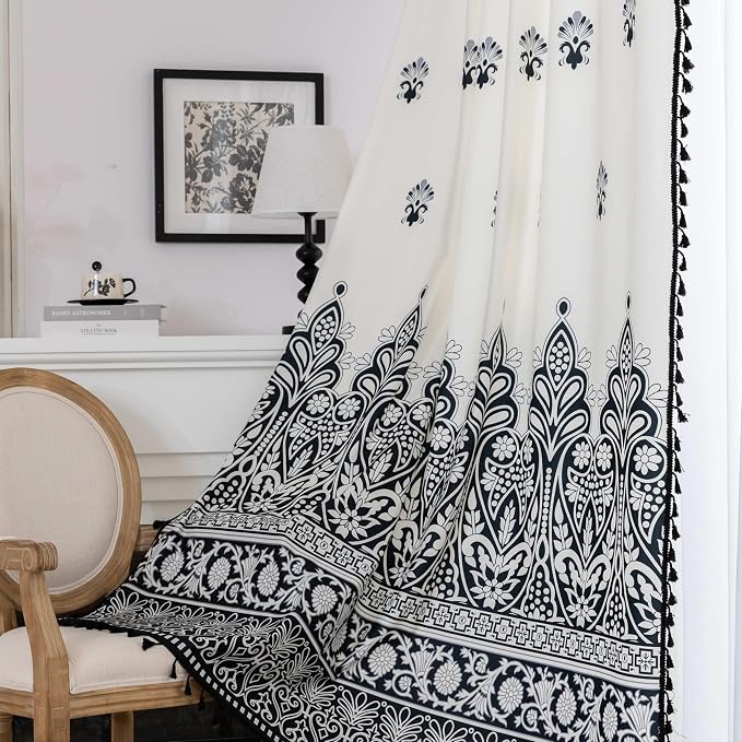 Black Damask Curtains 102 Inches Long, Boho Farmhouse Light Filtering Rod Pocket Drapes with Tassel Trim for Bedroom Living Room, 2 Panels