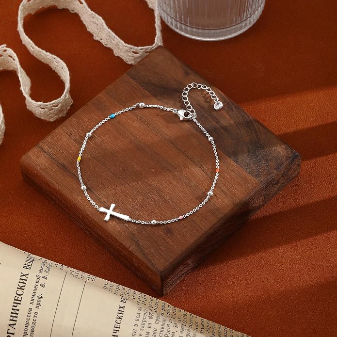 Ankle Bracelets for Women 14K Gold/Silver Plated Cross Heart Bead Anklet Waterproof Adjustable Chain Non Tarnish Cute Boho Trendy Dainty Summer Beach Foot Jewelry Gift for Her