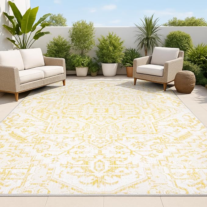 JONATHAN Y Boho Medallion Indoor Outdoor Area Rug 4X6 Cream/Yellow, Estrella Textured Weave for Backyard, Patio, Porch, Easy-Cleaning, High Traffic, Pet-Friendly, Non-Shedding (SMB105H-4)