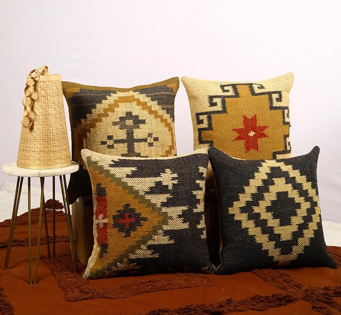 Trade Star 70% Jute 30 Wool Cushion Case Handwoven Pillowcases Throw Pillow Cover Ethnic Rug Pillow Covers Designer Pillow Shams Kilim Cushion Cover Set of 4 Cushion Cases (Kilim 1)