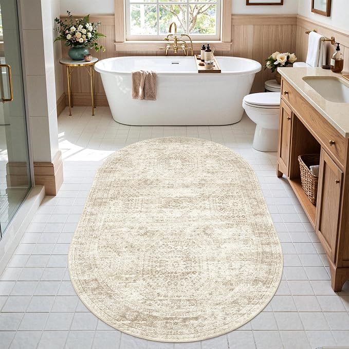 Soalmost Small Oval 3x5 Rug for Entryway, Machine Washable Area Rug for Kitchen, Bedroom Bedside, Non-Slip Throw Rug, Vintage Carpet for Nursery Coffee Table, Beige
