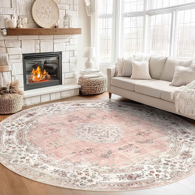 MUJOO Pink Round Rug 9ft,Circle Washable Area Rug Non Slip Low-Pile Floral | Large Circular Rugs for Living Room Bedroom Dining Room Boho Throw Carpet Soft Floor Indoor Flowers Light Blush
