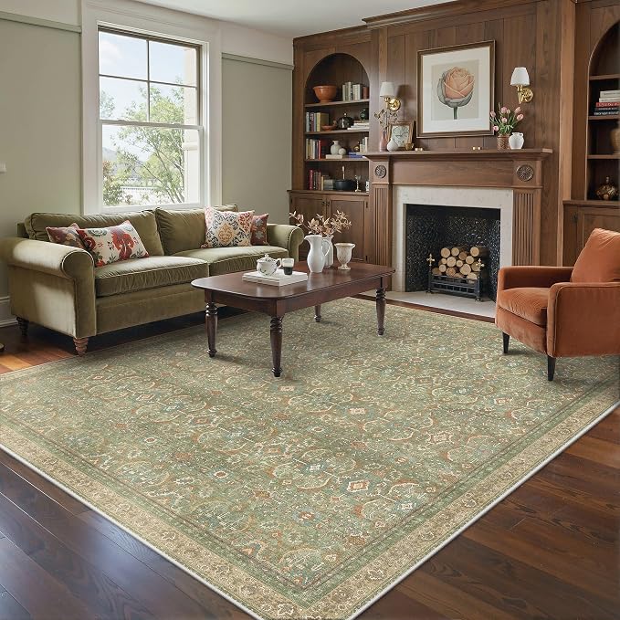 BESBLEE 5X7 Area Rugs Machine Washable Rugs for Living Room, Vintage Boho Large Rugs for Bedroom Dining Room, Non Slip Indoor Soft Distressed Lightweight Thin Low Pile Carpet, Deep Green