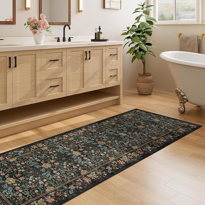 DUKINO 2.6x8 Runner Rug, Washable Vintage Floral Kitchen Rug, Black | Non Slip, Low Pile, Non-Shedding, Stain Resistant, Soft Throw Carpet Runner for Hallway Bathroom Laundry Entryway Farmhouse