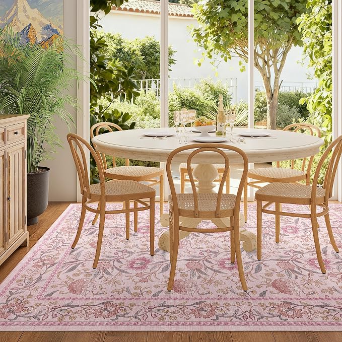 DUKINO 5x7 Area Rugs, Vintage Floral Washable Rug for Living Room, Pink | Non Slip, Low Pile, Non-Shedding, Stain Resistant Lightweight Boho Soft Carpet for Bedroom Home Office Dining Room Farmhouse