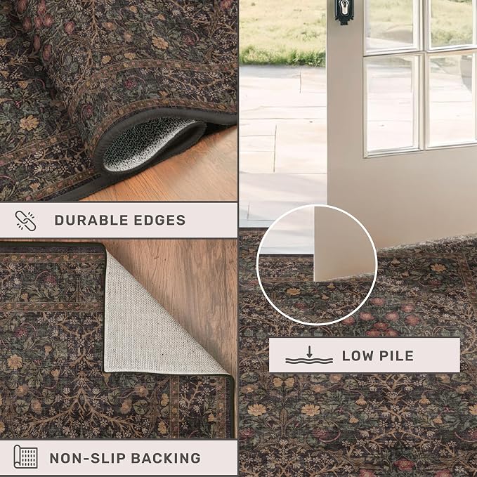Dark Brown Washable 5x7 Area Rugs for Living Room, Entryway, Non-Slip Soft Rugs for Bedroom, Dining Room, Home Office, Black Brown Floral Vintage Cottage Indoor Carpet Décor, Low Pile Stain Resistant