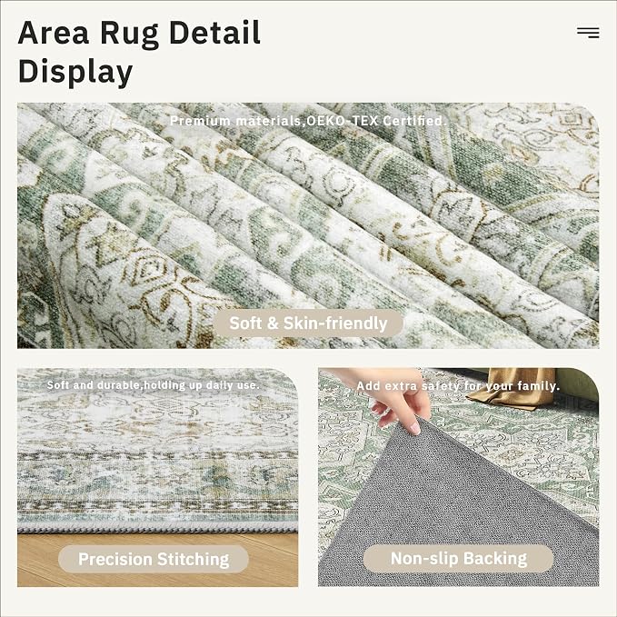 Soalmost 8x10 Area Rugs, Washable Rugs, Large Stain Resistant Area Rug for Living Room Bedroom Dining Room, Vintage Farmhouse Rug Green