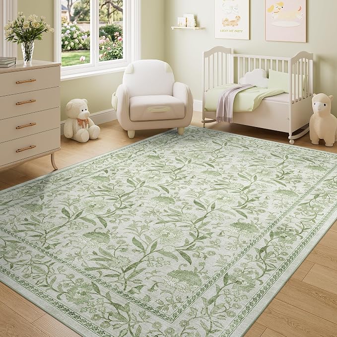 DUKINO 5x7 Area Rug, Vintage Floral Washable Rug for Living Room Sage Green | Non Slip, Low Pile, Non-Shedding, Stain Resistant Lightweight Boho Soft Carpet for Bedroom Home Office Dining Room Farmhouse
