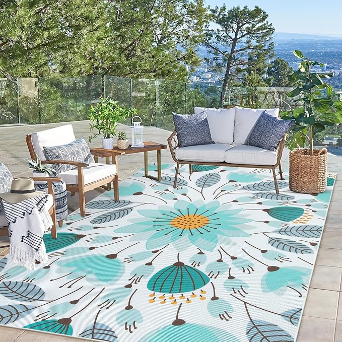Lahome Floral Indoor Outdoor Rugs, 6x9ft Non Slip Outdoor Patio Rug for Camping Picnic, Soft Outdoor Area Rug for Balcony Deck Backyard, Washable RV Outdoor Rugs for Living Room Bedroom,Blue