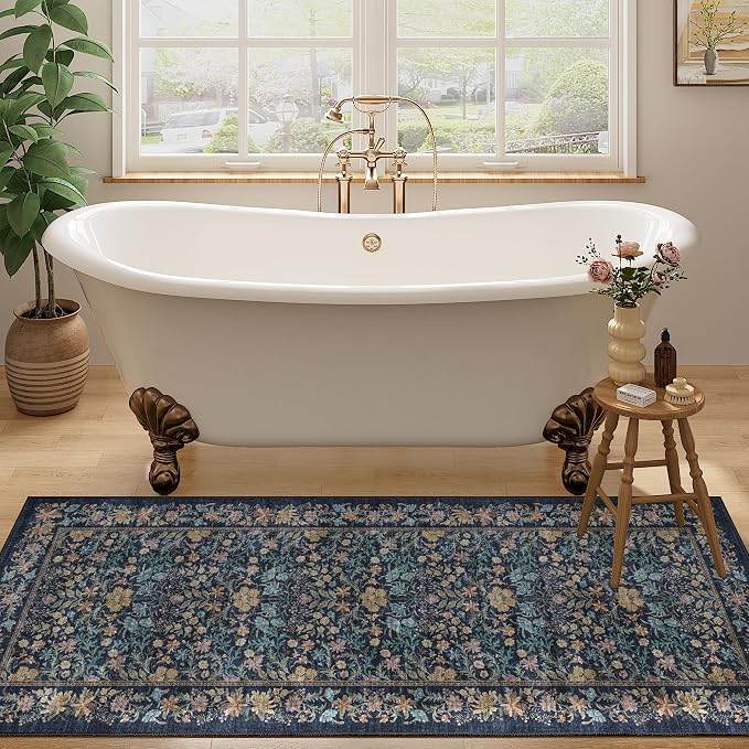 DUKINO 2x5 Rug Runner, Washable Vintage Floral Bathroom Rugs, Dark Blue | Non Slip, Low Pile, Stain Resistant, Lightweight Soft Carpet Runner for Laundry Room Kitchen Hallway Bedroom, Non-Shedding