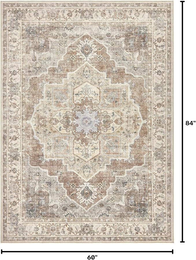 5x7 Washable Area Rug: Vintage Neutral Soft Non Slip Thin Large Floor Carpet for Living Room Bedroom Kitchen Dining Room Home Office Farmhouse Indoor - Beige Brown