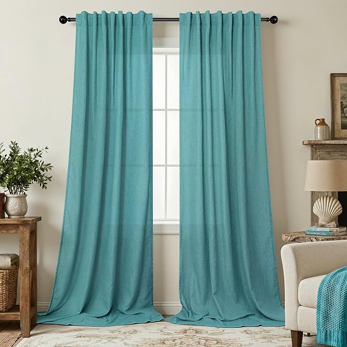 Pitalk Teal Linen Curtains 84 Inches Long 2 Panels Back Tab Rod Pocket Pleated Semi Sheer Light Filtering Modern Boho Curtains for Bedroom Living Room Dining Room Floor Length Peacock Blue Green Drape