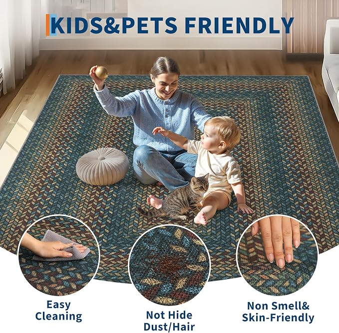 GarveeHome Easy Jute 3x5 Modern Braided Print Washable Rugs for Living Room | Indoor Non Slip Stain Resistant Small Area Rugs Living Room Bordered Throw Carpet Jute Rugs for Bedroom Kitchen, Navy