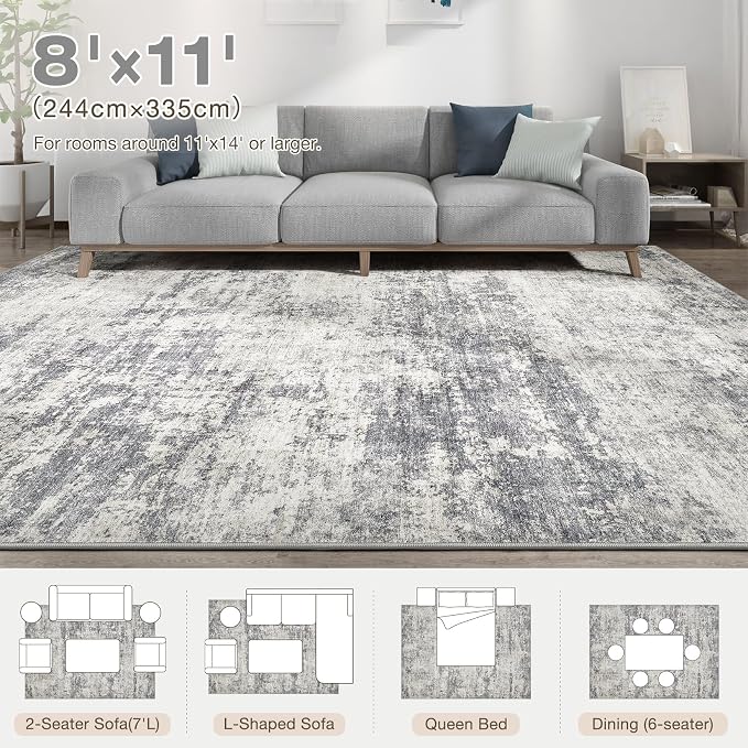Abstract 8x11 Area Rug: Machine Washable Non Slip Ultra Thin Low-Pile Carpet, Soft Stain Resistant for Living Dining Room Bedroom, Kid Pet Friendly, Robot Vacuum Compatible - Beige Dark Grey
